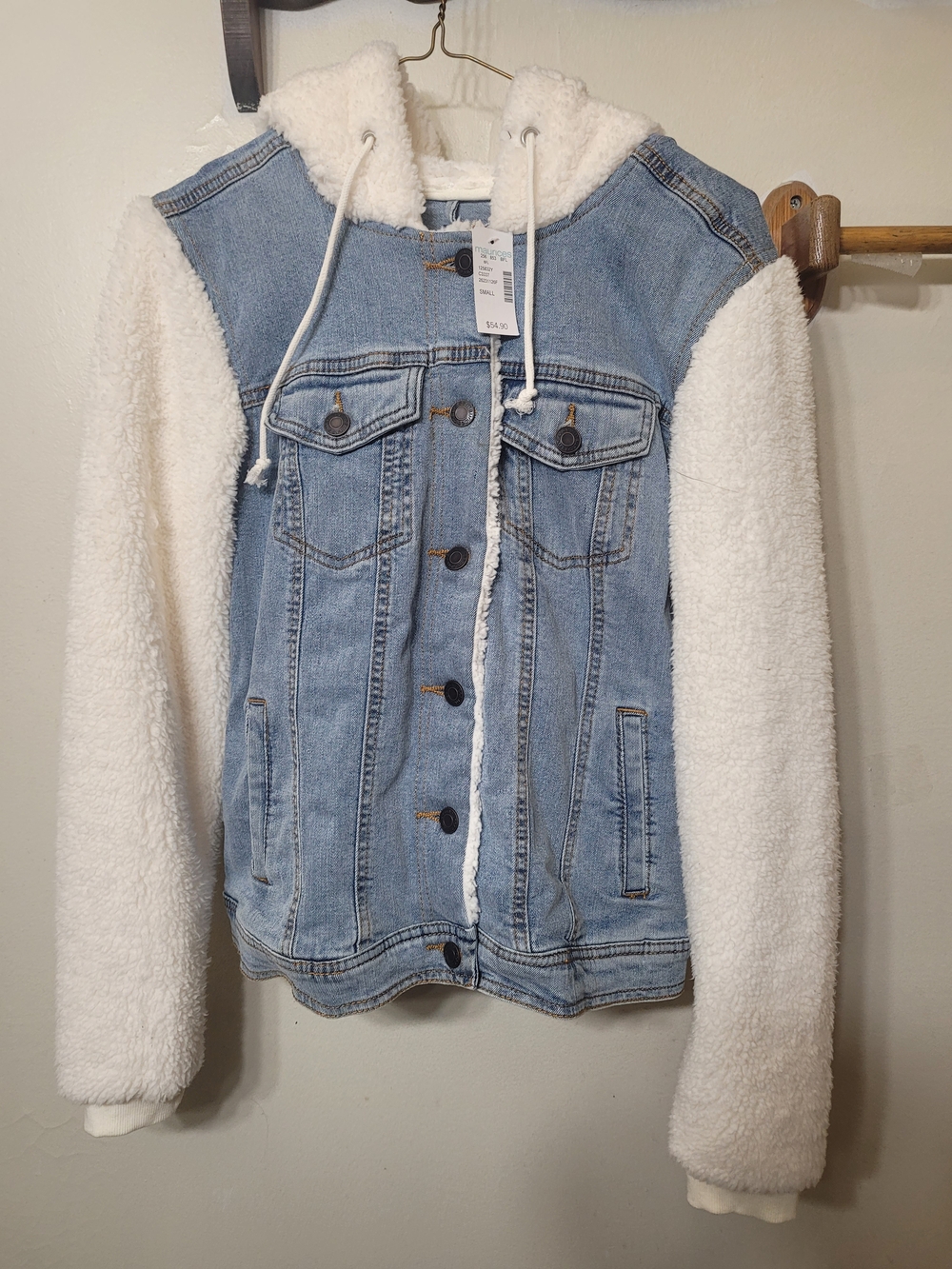 Size S Maurices Denim Jean Jacket with White Sherpa Hood and Sleeves